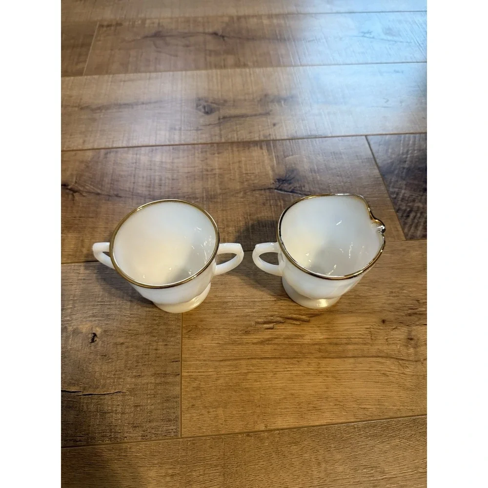 Vintage Fire King Milk Glass Gold Trim Swirl Sugar and Creamer Set White 22k